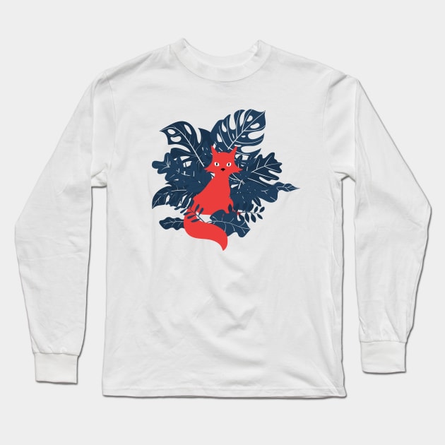 A Red Fox Exploring Amid Blue Leaves Long Sleeve T-Shirt by zorrorojo